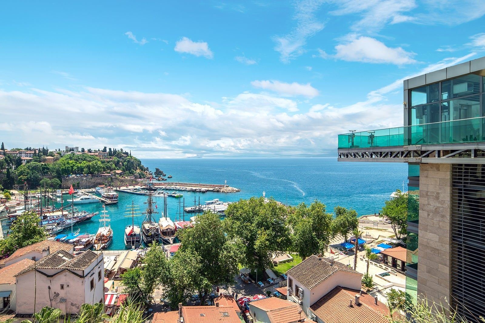 View over Antalya's old harbour and the Mediterranean coastline