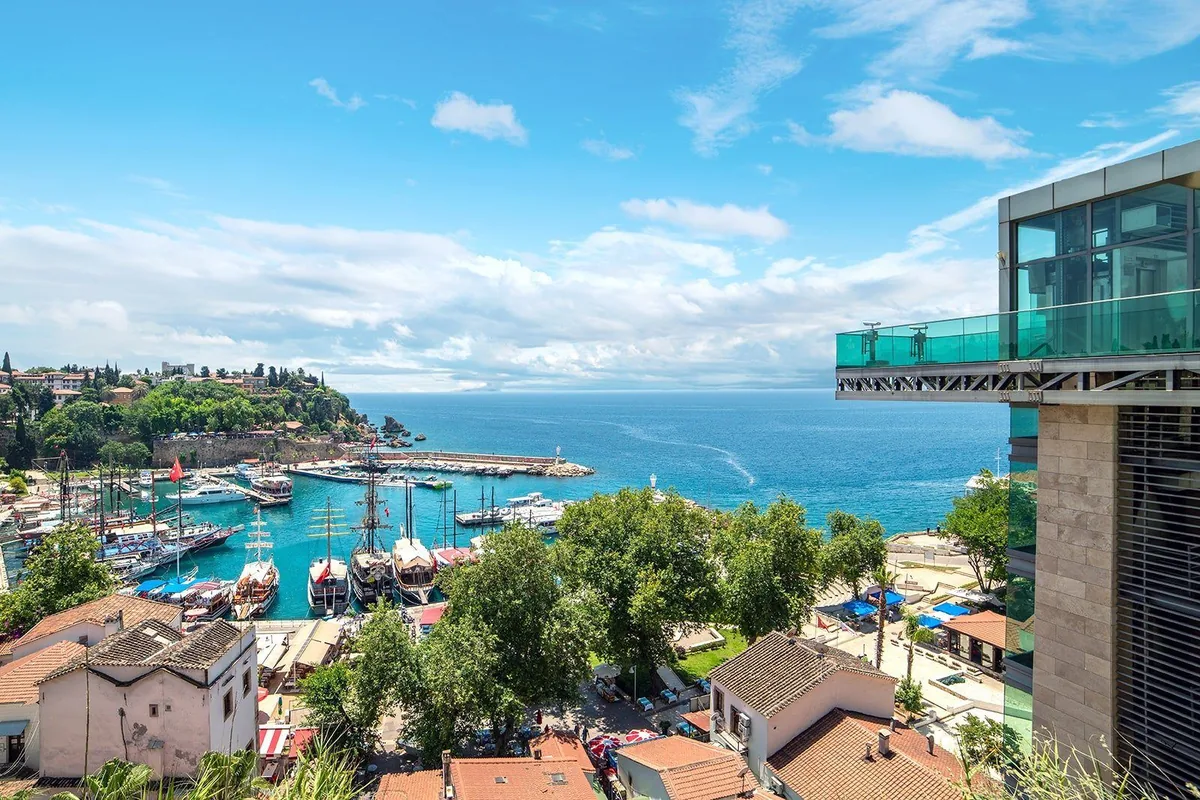 View over Antalya's old harbour and the Mediterranean coastline